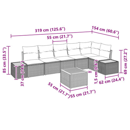 7 Persoons Tuin Sofa Set Met Kussens Poly Rattan Acacia Zwart en crème met tafel