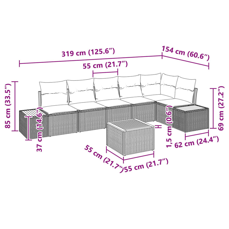 7 Persoons Tuin Sofa Set Met Kussens Poly Rattan Acacia Zwart en crème met tafel
