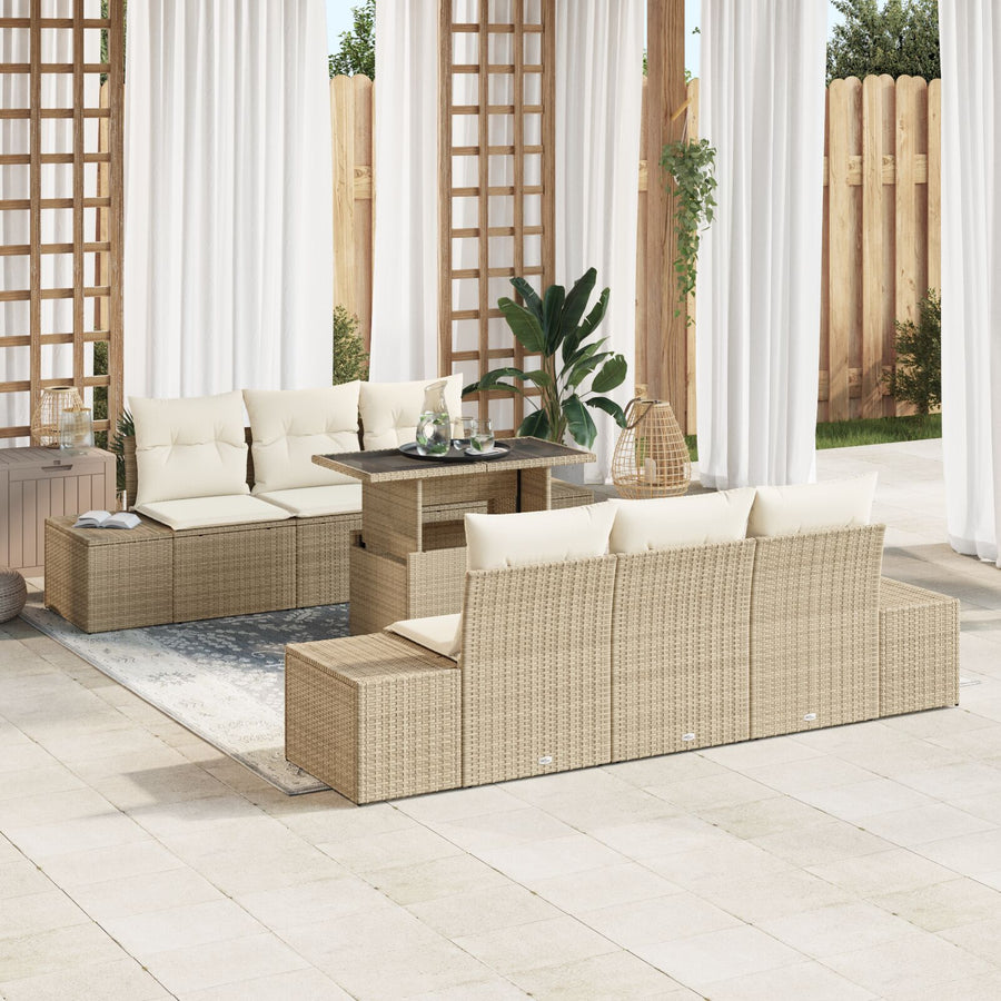 7-Delige Tuinbankset Met Kussens Beige Poly Riet