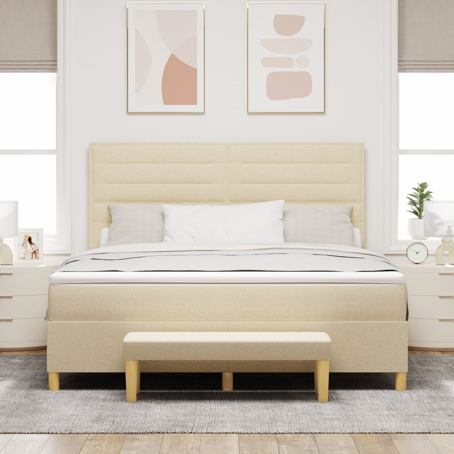Boxspringbed Met Matras & Bank Stof Crème 180 x 200 cm Lijnen ontwerp