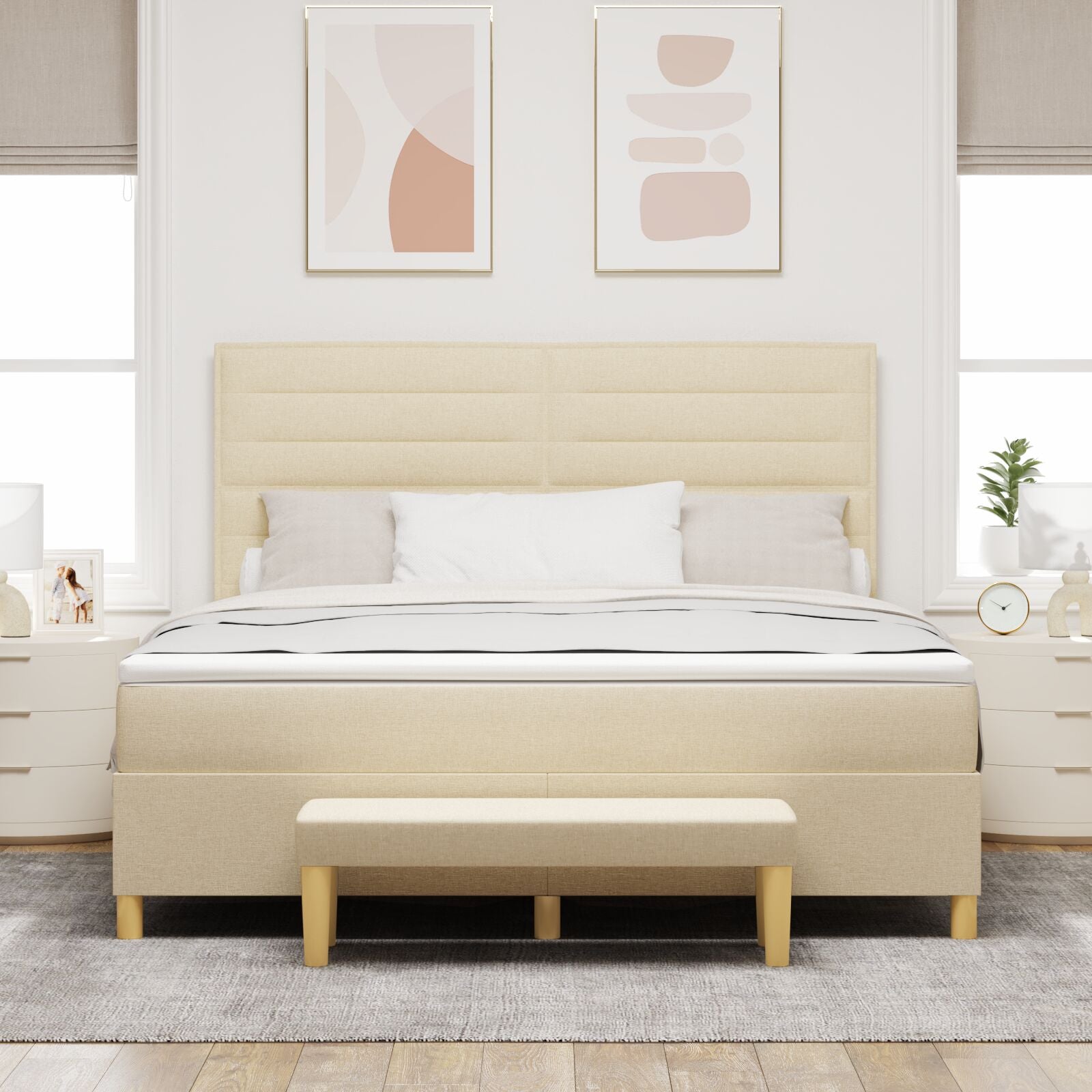 Boxspringbed Met Matras & Bank Stof Crème 180 x 200 cm Lijnen ontwerp
