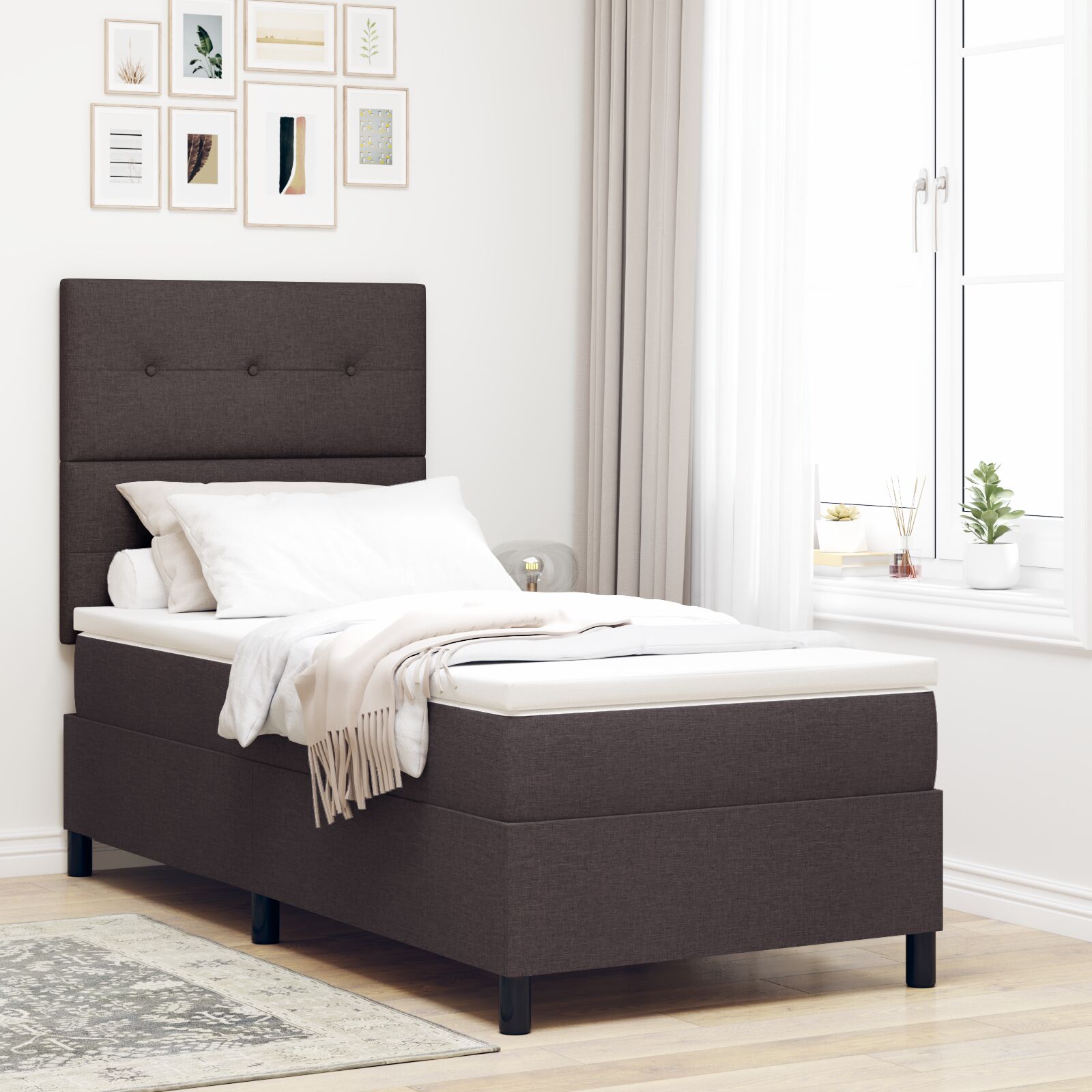 Boxspringbed Met Matras Stof Donkerbruin 90 x 200 cm Knopen tufted