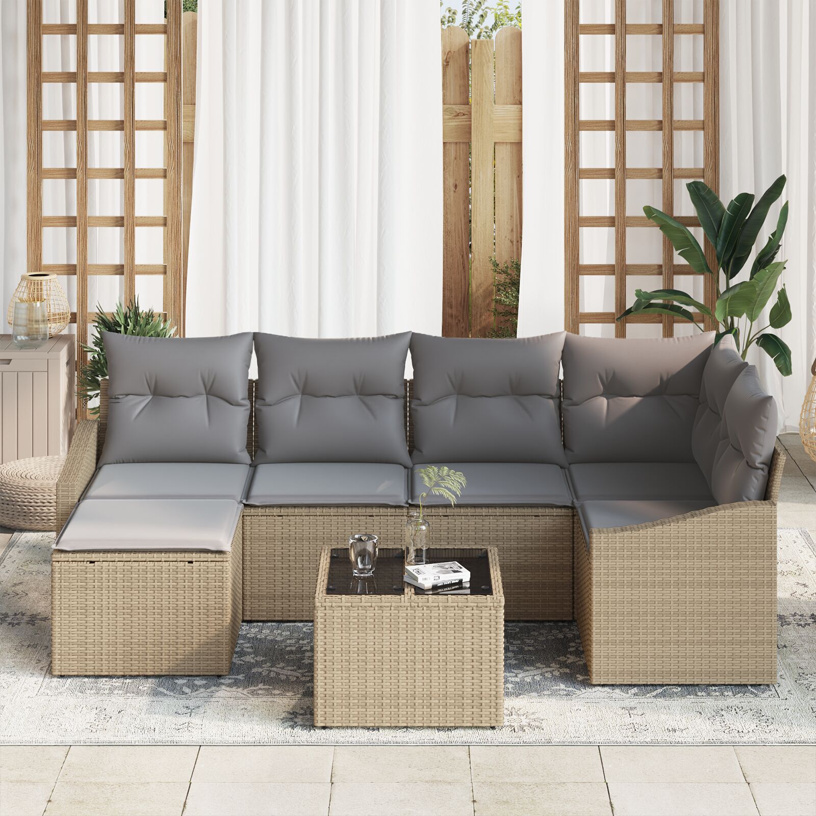 7-Delige Tuin Eettafel Set Met Kussens Zwart Poly Rattan