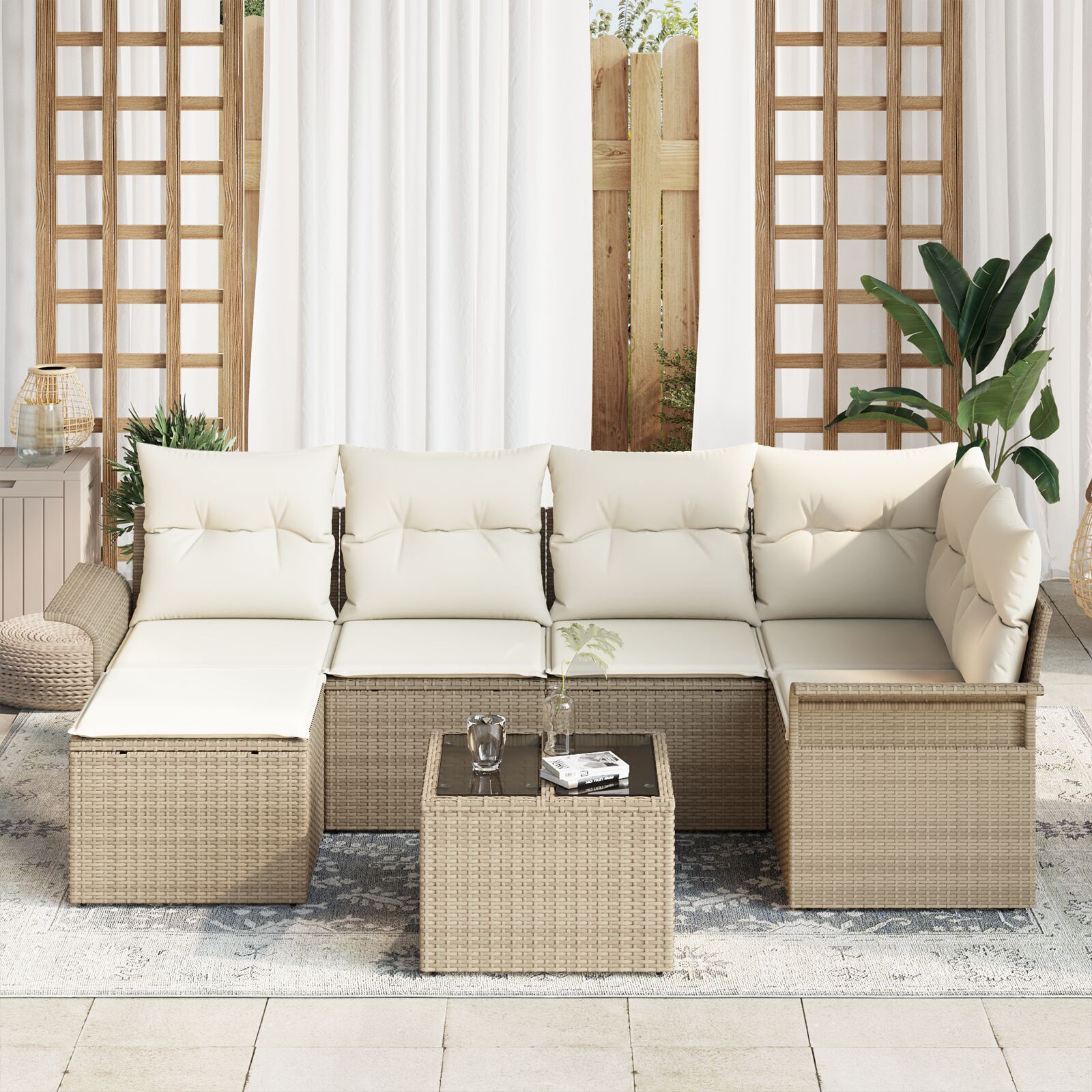 7-Delige Tuin Sofa Set Met Kussens Bruin Poly Rattan