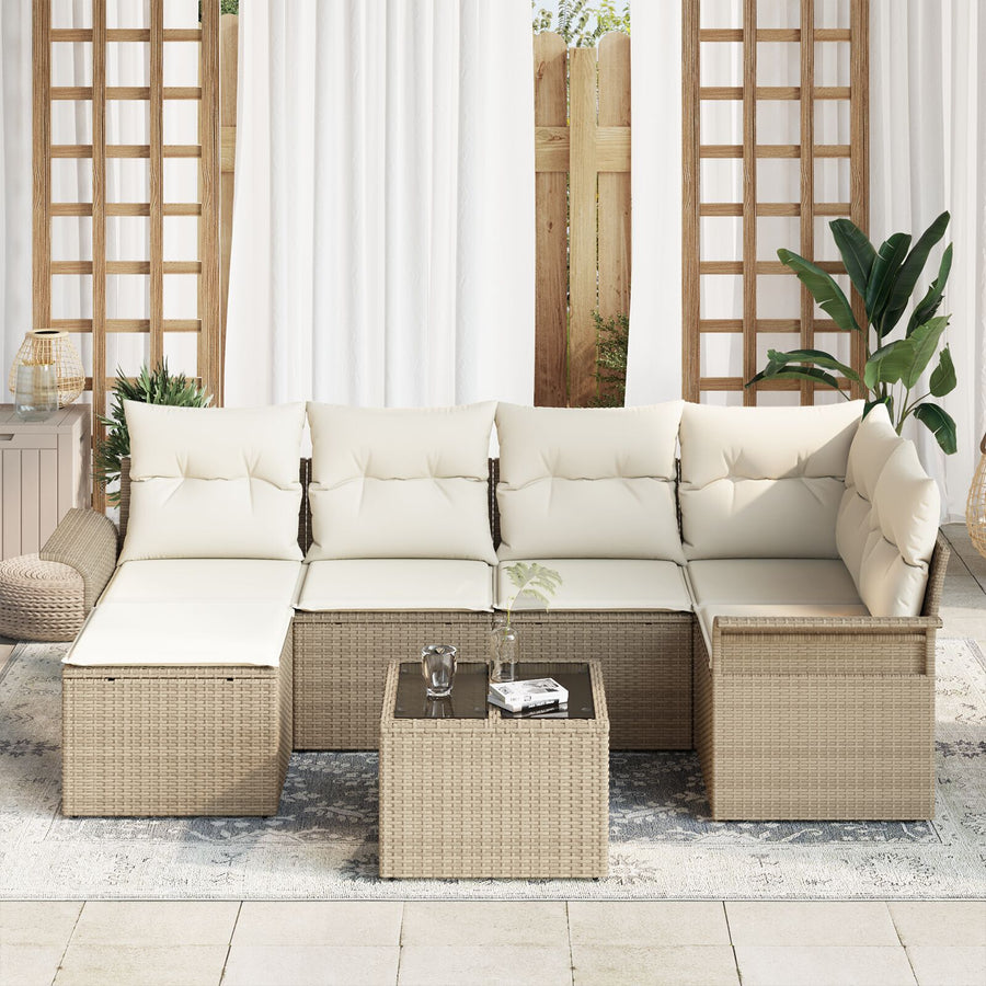 7-Delige Tuin Sofa Set Met Kussens Bruin Poly Rattan