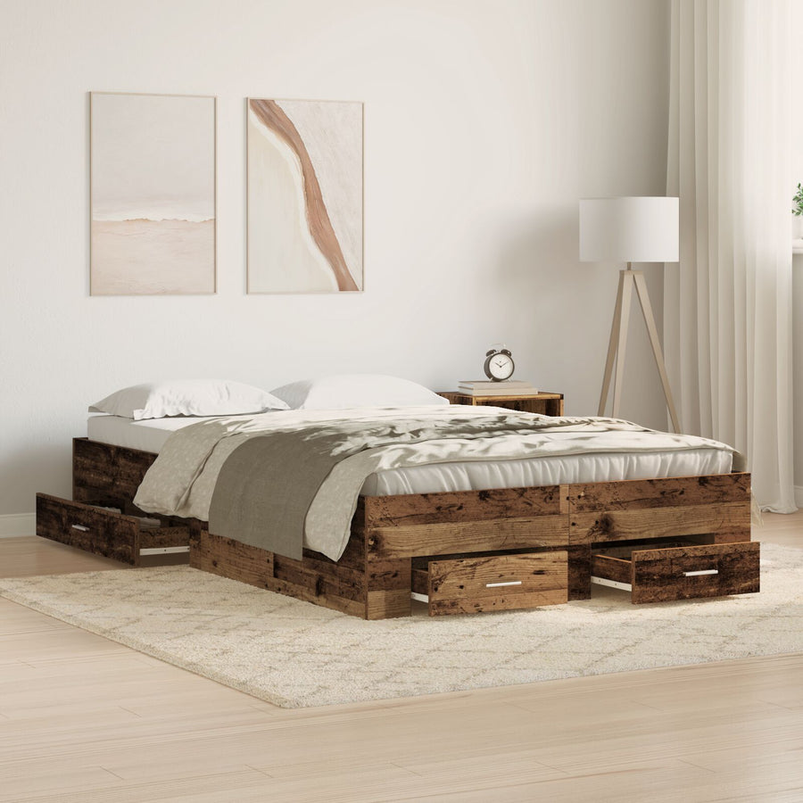 Bed Frame Met Lades Oud Hout 120X200 Cm Bewerkt Hout Ambachtelijk Eiken