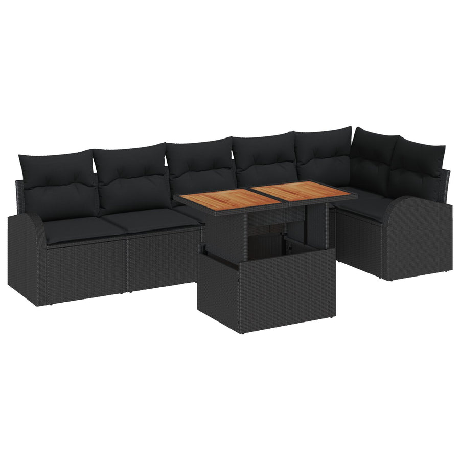 7-Delig Tuin Eetset Met Kussens Zwart Poly Rattan Acacia