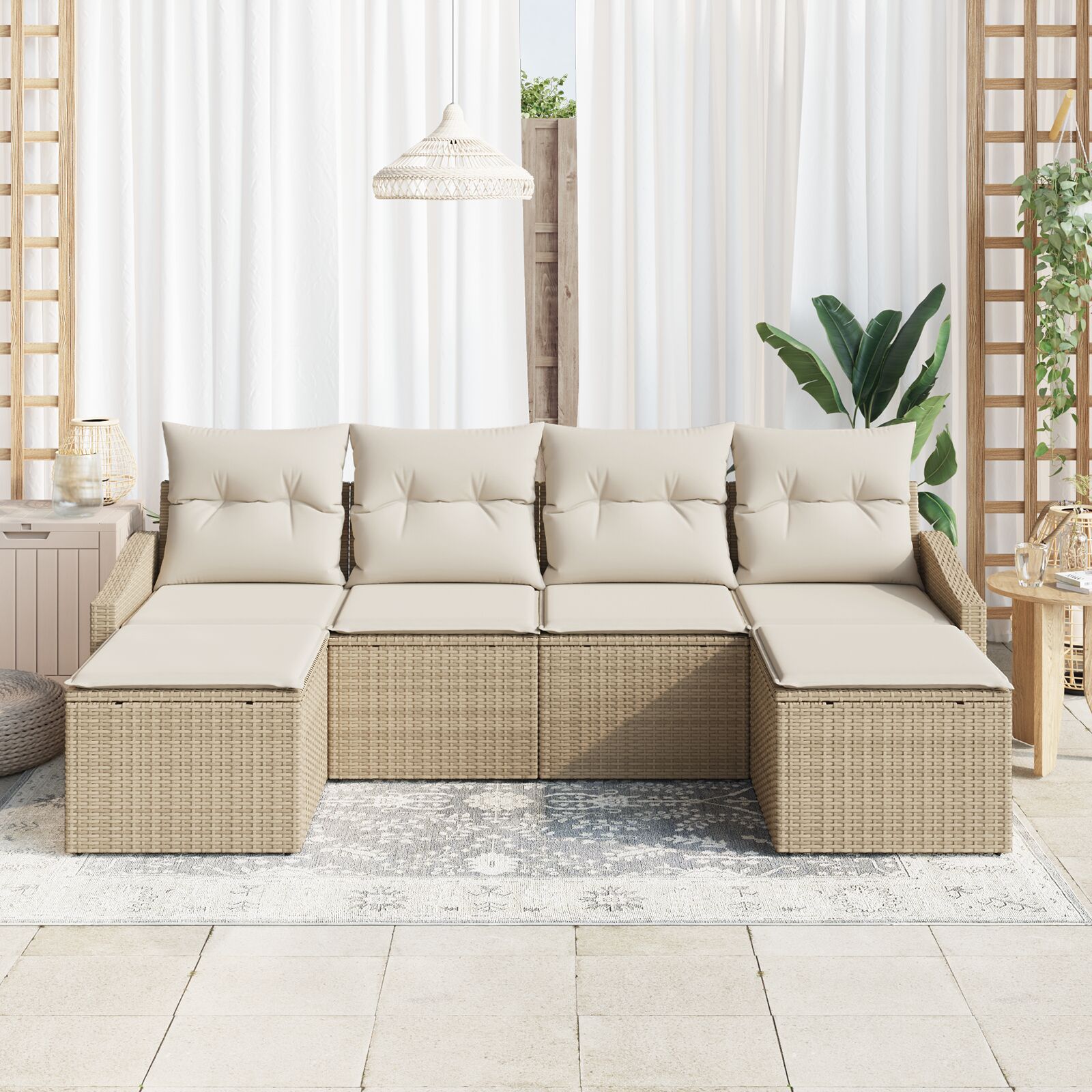 6-Delige Tuin Eetset Met Kussens Beige Poly Rattan