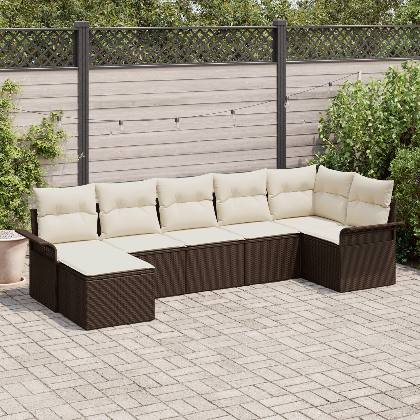 7-Delige Tuin Sofa Set Met Kussens Bruin Poly Rattan