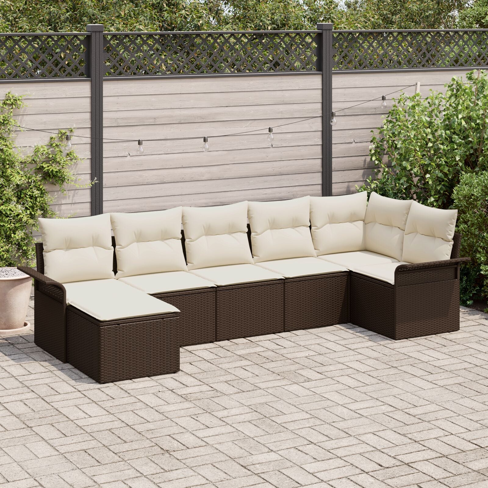 7-Delige Tuin Sofa Set Met Kussens Bruin Poly Rattan