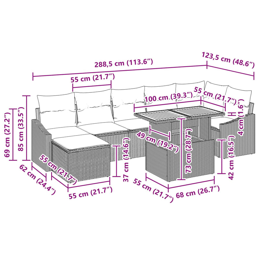 8-Delige Tuin Eetset Met Kussens Beige Poly Rattan Acacia