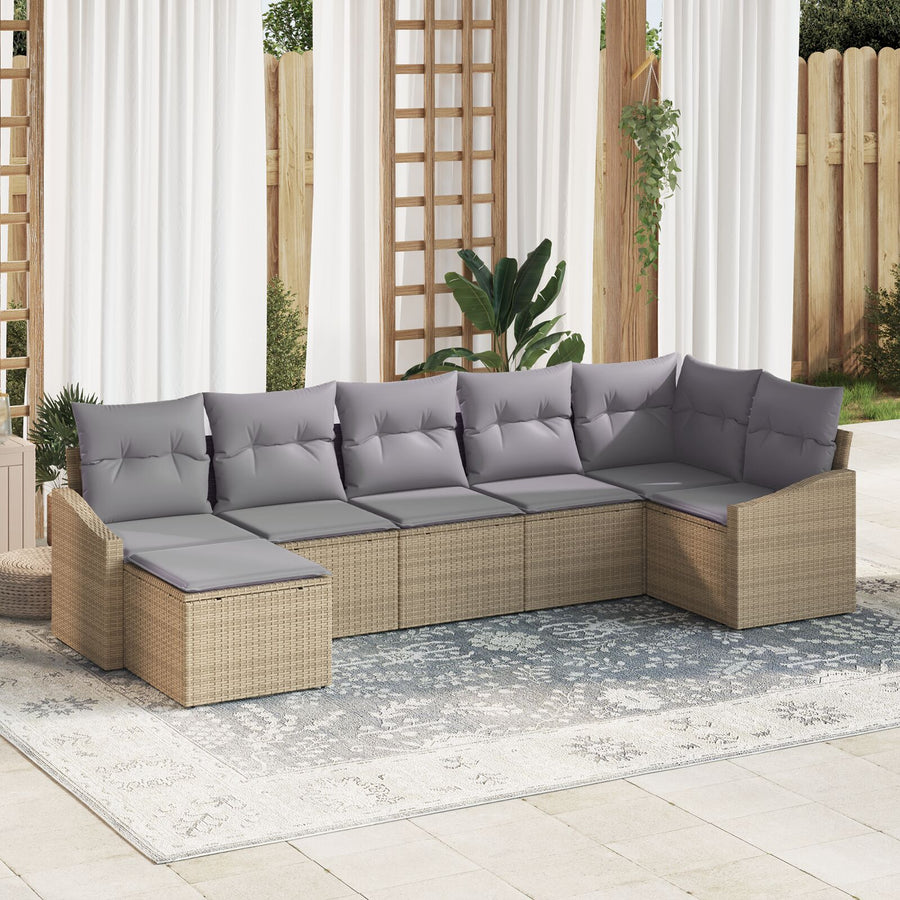 7-Delige Tuin Eetset Met Kussens Beige Poly Rattan