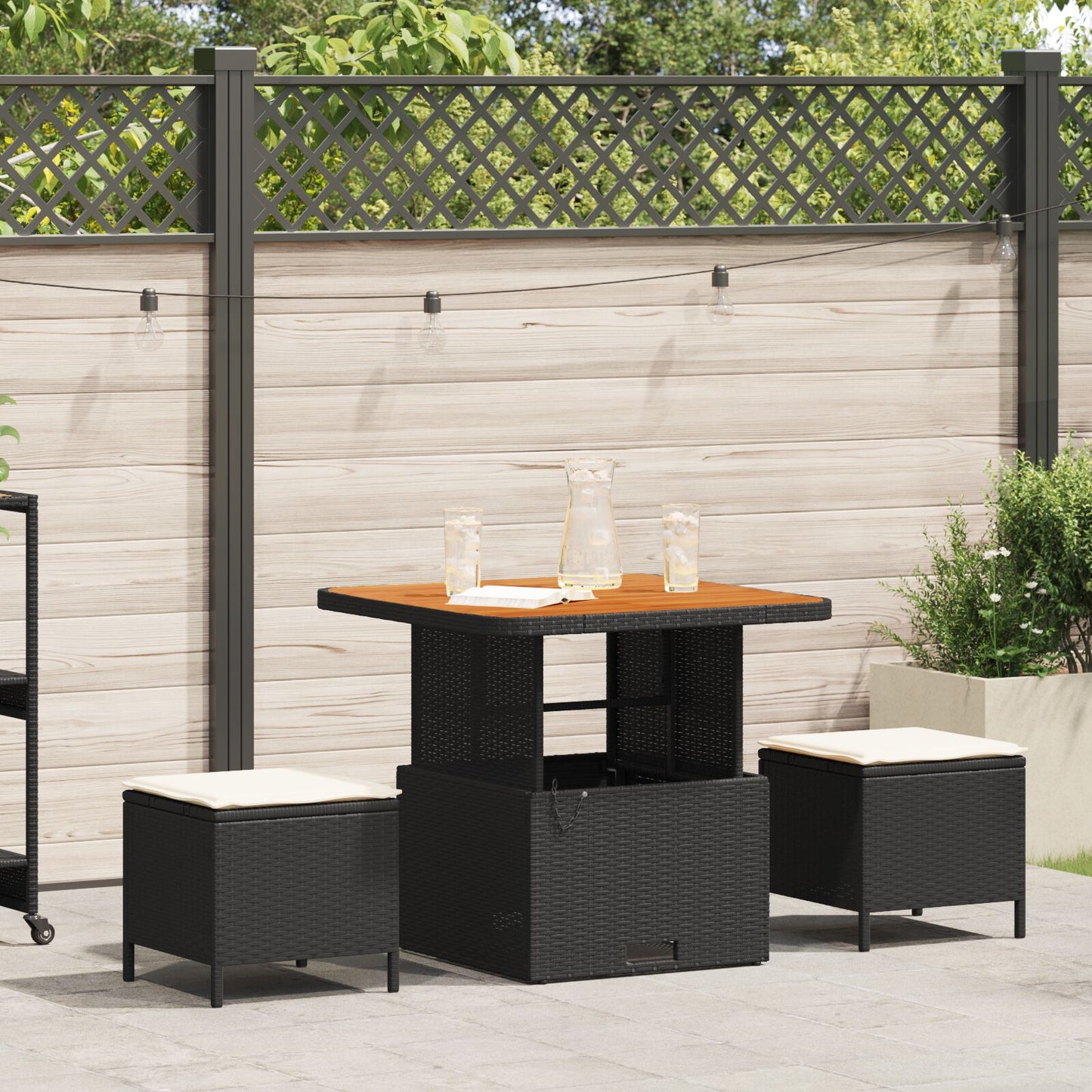 3-Delige Tuin Eetset Met Kussens Poly Rattan Acacia 80 cm Zwart en crème 2 stoelen