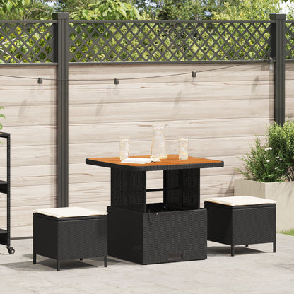 3-Delige Tuin Eetset Met Kussens Poly Rattan Acacia 80 cm Zwart en crème 2 stoelen