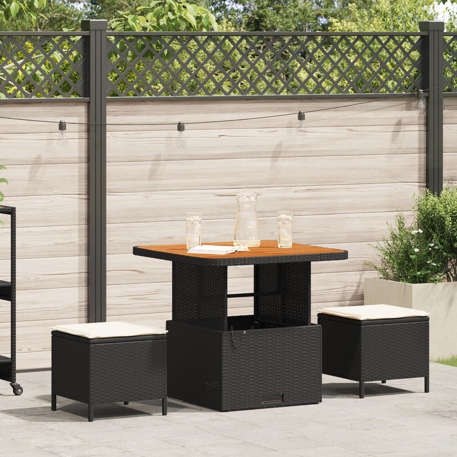3-Delige Tuin Eetset Met Kussens Poly Rattan Acacia 80 cm Zwart en crème 2 stoelen