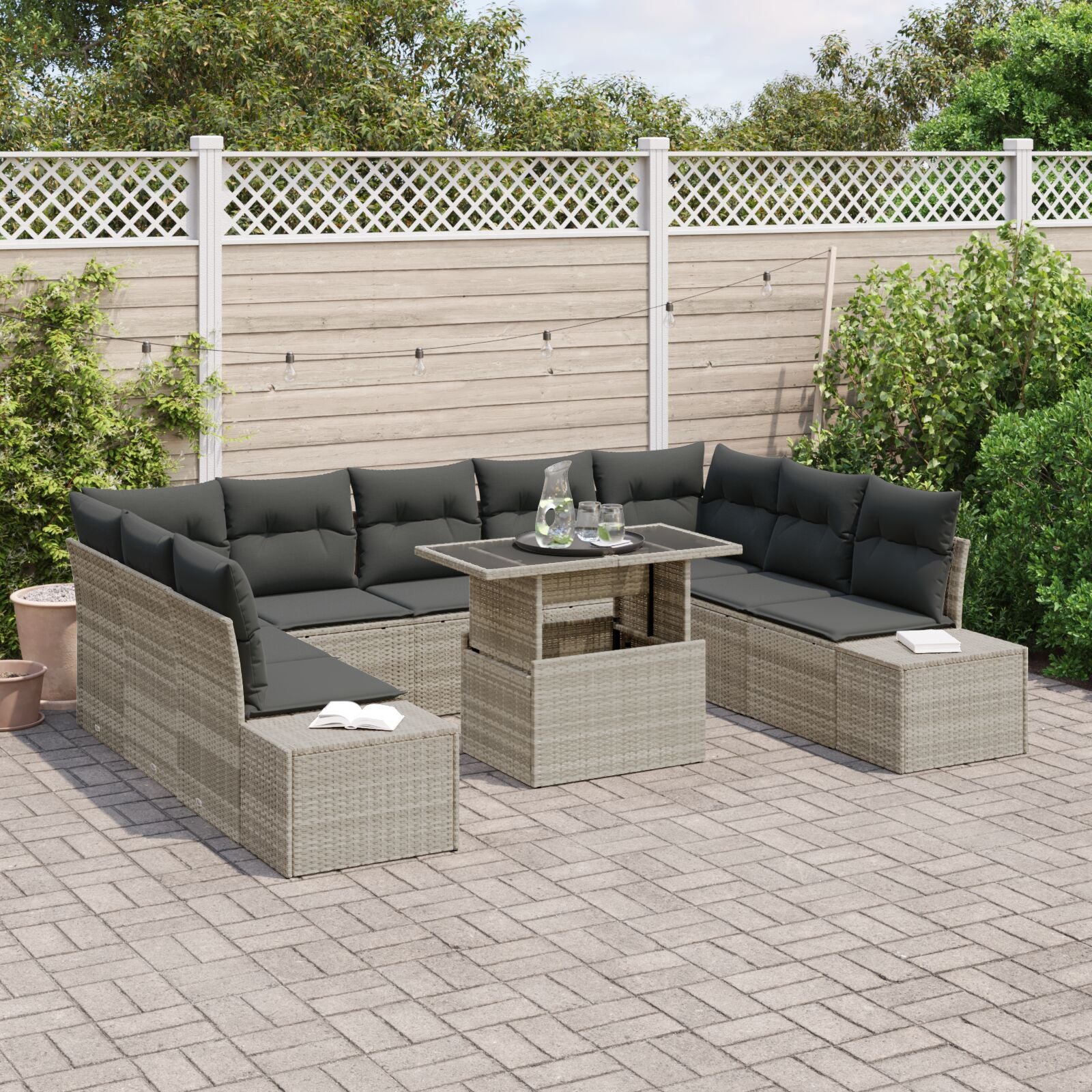 Tuinbankset Set Van 10 Beige En Grijs Pe Rattan, Staal, Polyester