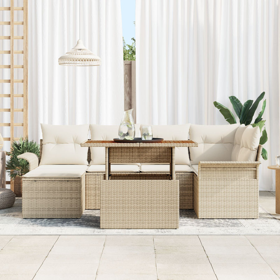 7-Delige Tuin Eetset Met Kussens Beige Poly Rattan Acacia