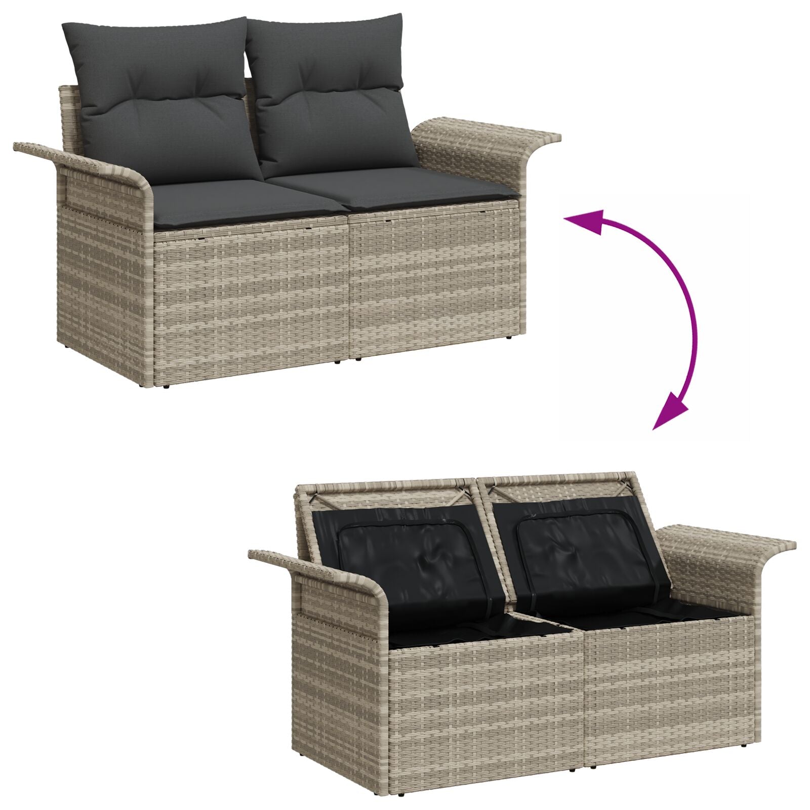 3-Delige Tuin Sofa Set Met Kussens Lichtgrijs Poly Rattan, 2-Zitter Tuin Sofa Met Opbergruimte & Kussens Lichtgrijs Poly Rattan Gegalvaniseerd Staal