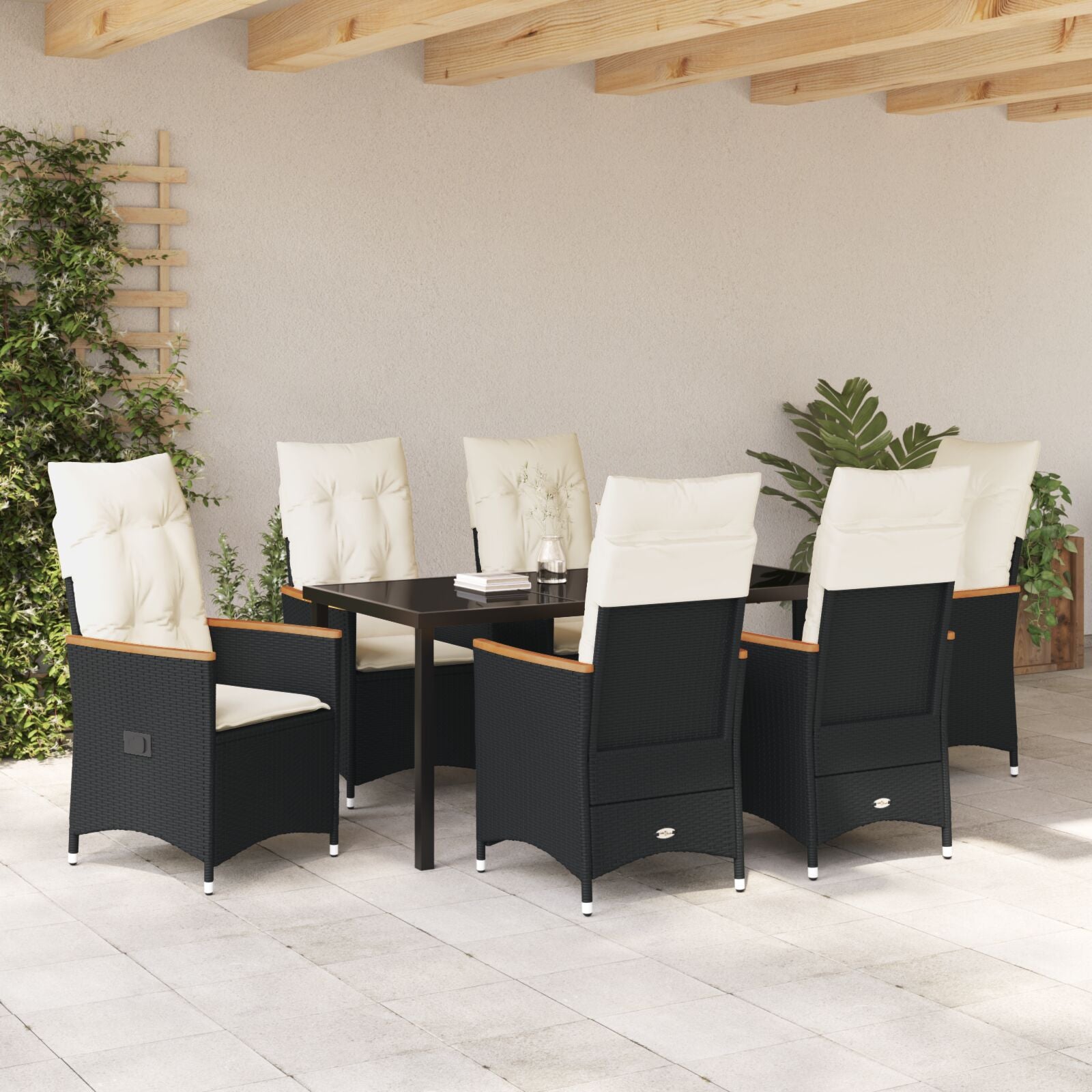 7-Delige Tuin Eettafelset Met Kussens In Zwart Poly Rattan