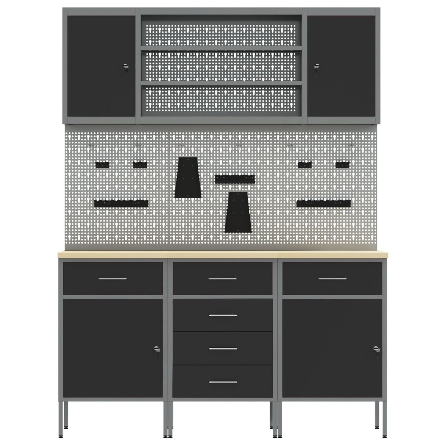 7-Delige Werkbank Set Staal 3x (84/84/85 cm) Zwart 4x kast + 4x pegboard