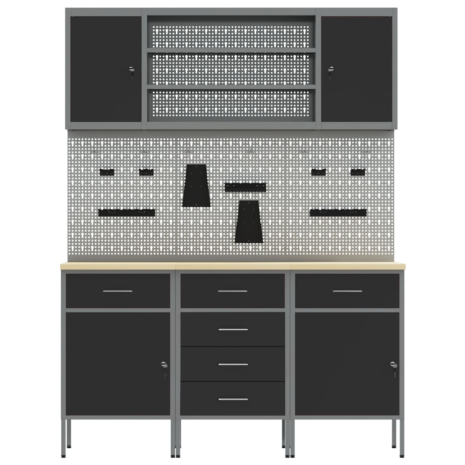 7-Delige Werkbank Set Staal 3x (84/84/85 cm) Zwart 4x kast + 4x pegboard