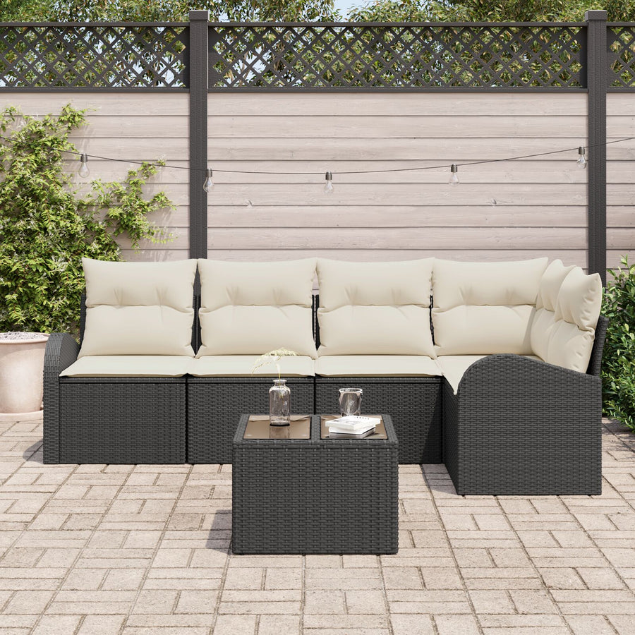 5-Delige Tuinbankset Met Kussens Bruin Poly Rattan Zwart en crème met tafel