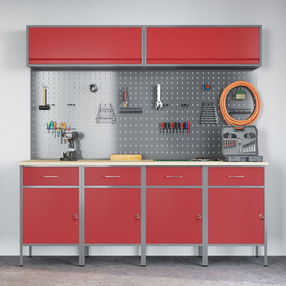 10-Delige Werkcabinet En Pegboard Set Mdf En Metaal 4x (84 cm) Rood 4x kast + 4x pegboard + 2x kast met deur