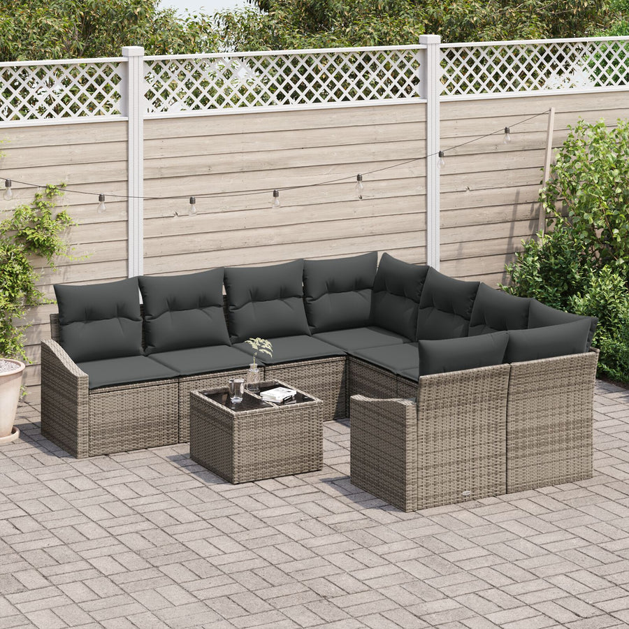 9-Delige Tuin Eetset Met Kussens Grijs Poly Rattan Gegalvaniseerd Staal