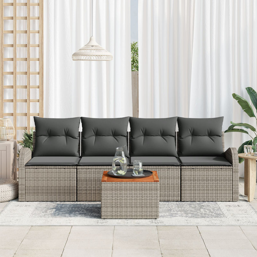 5-Delige Tuinbankset Met Kussens Grijs Poly Rattan Acacia