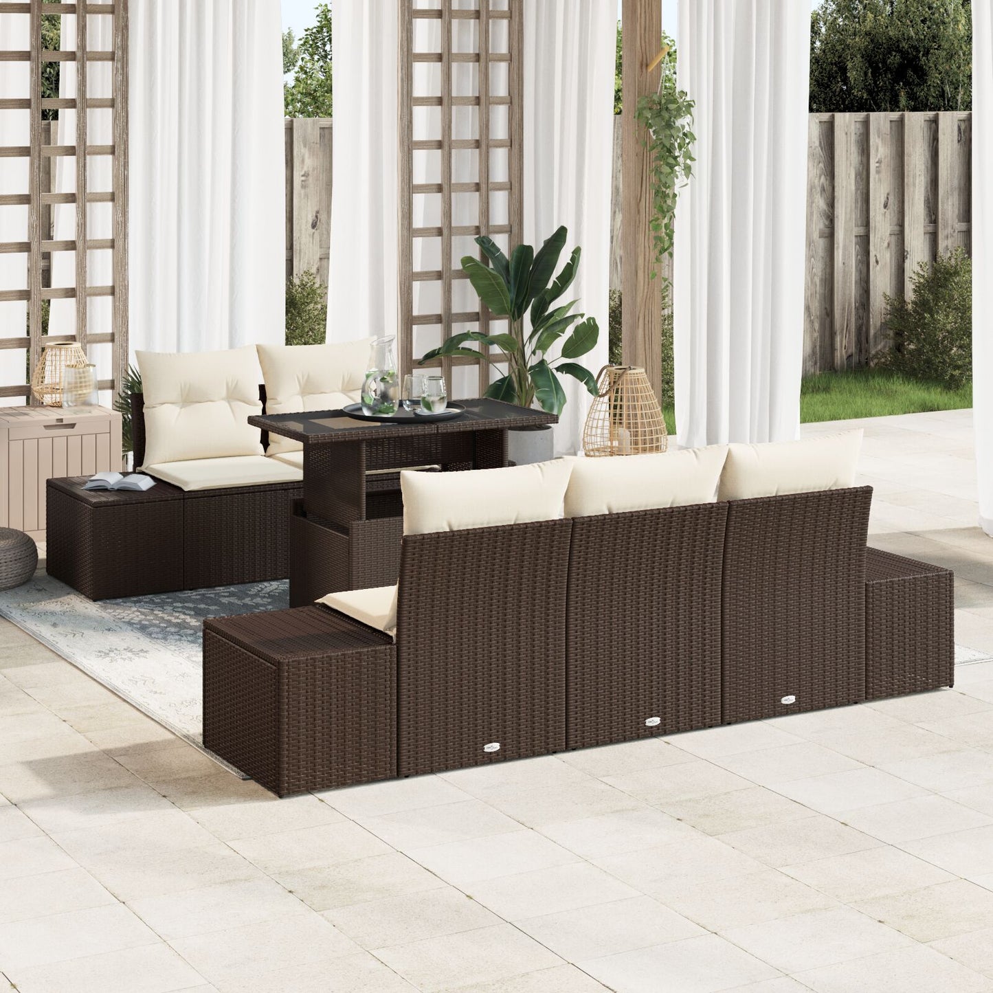Tuin Bankstel Set Van 6 Bruin Rattan Buiten Tafel Rechthoekig