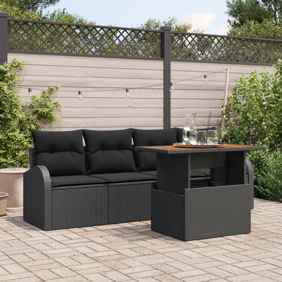 5-Delige Tuin Eetset Met Kussens Zwart Poly Rattan Acacia
