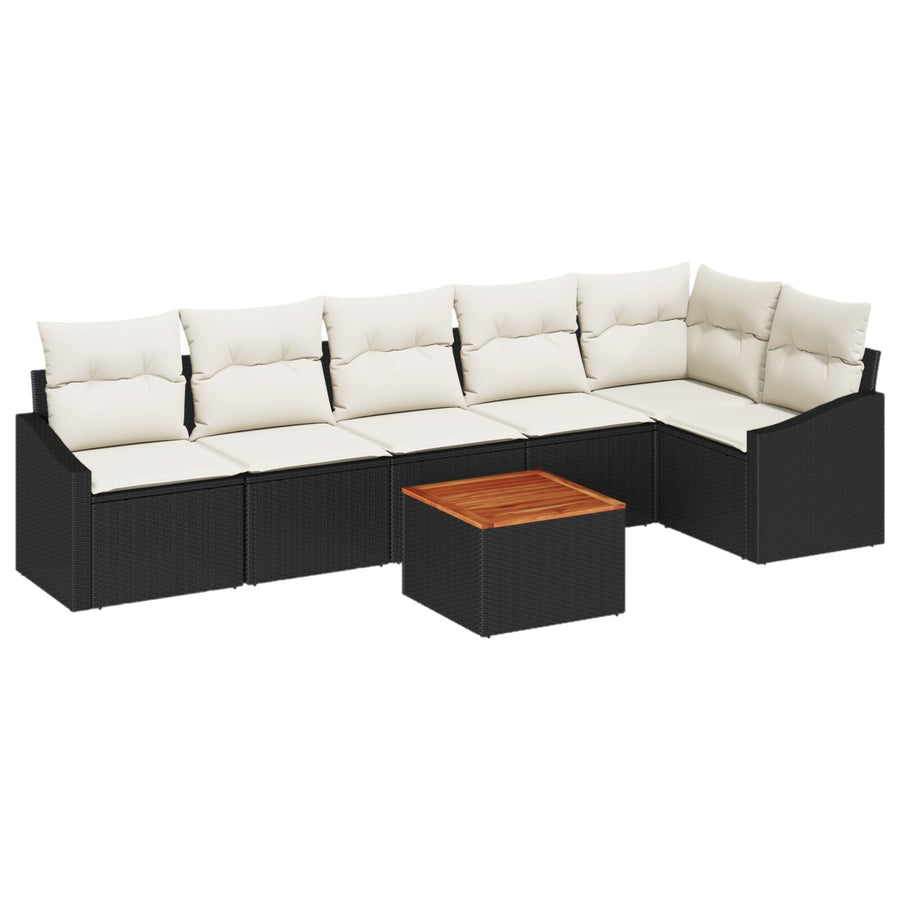 7-Delige Tuinbankset Met Kussens Zwart Poly Rattan Acacia