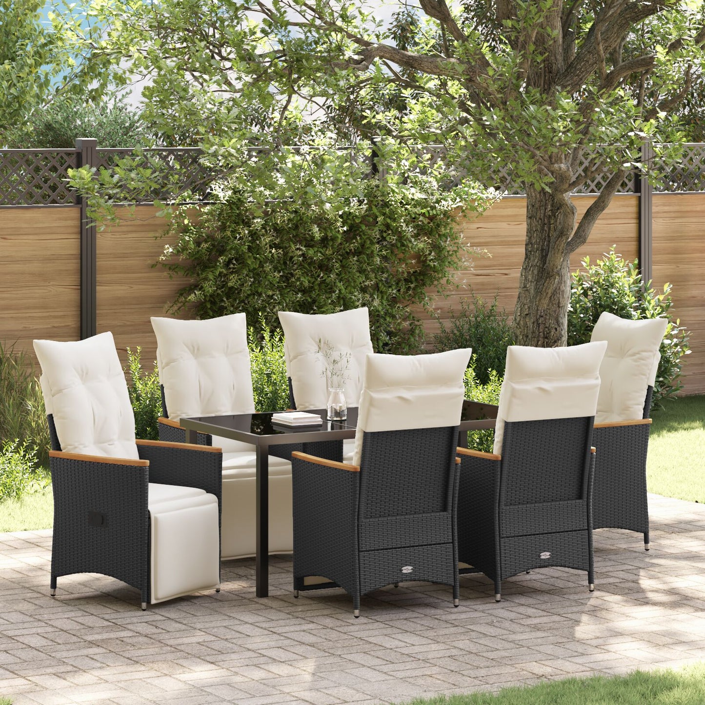 7-Delig Tuin Eetset Met Kussens Zwart Poly Rattan