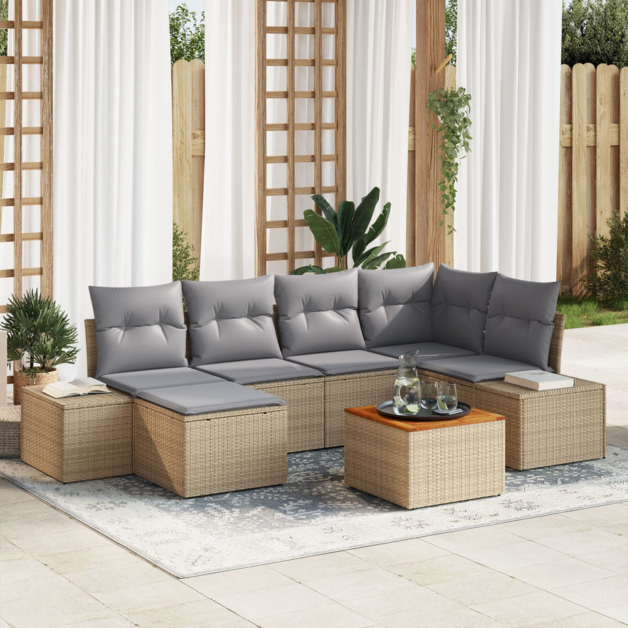 7-Delige Tuin Sofa Set Met Kussens Beige Poly Rattan Acacia