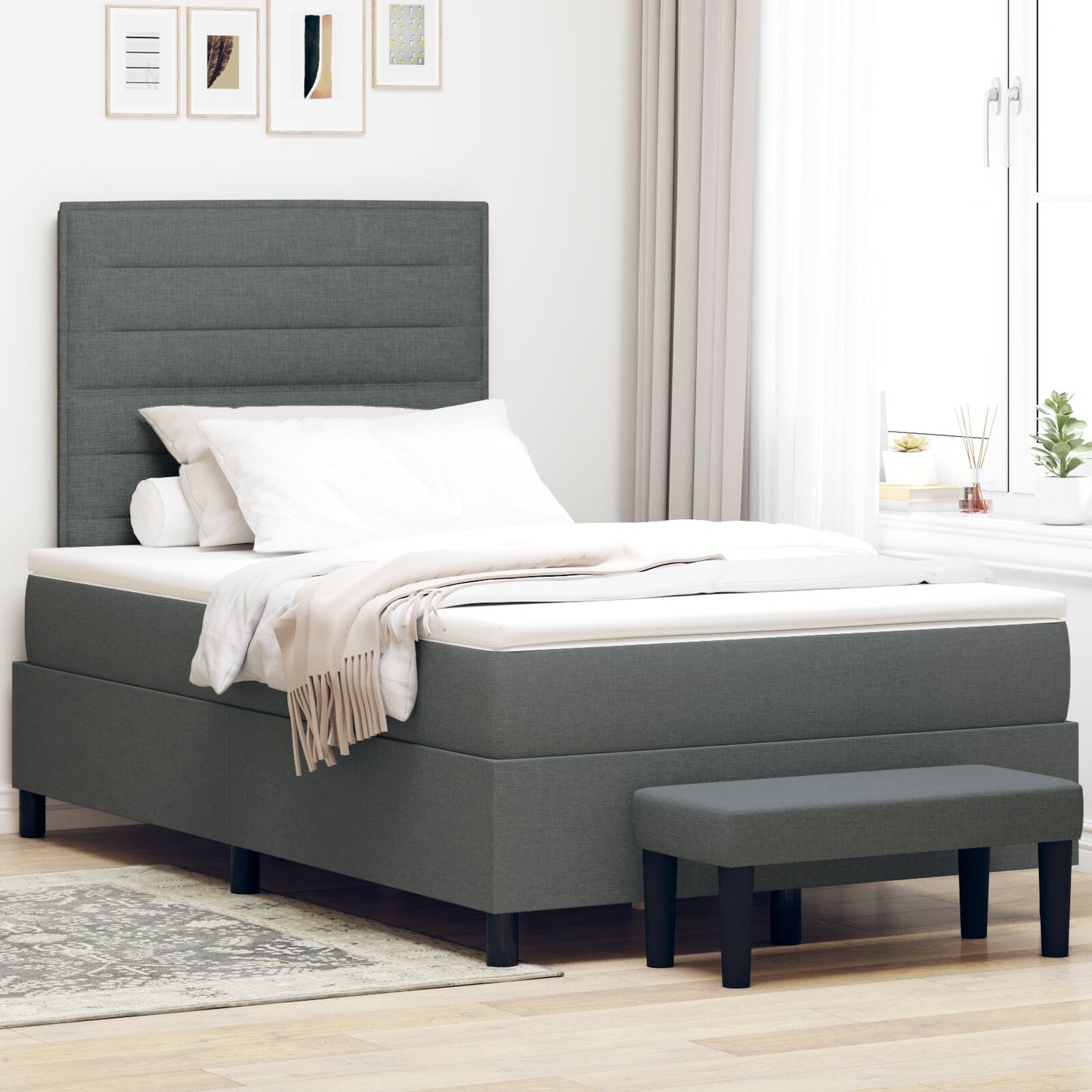 Boxspringbed Met Matras & Bank Stof Donkergrijs 120 x 200 cm Lijnen ontwerp