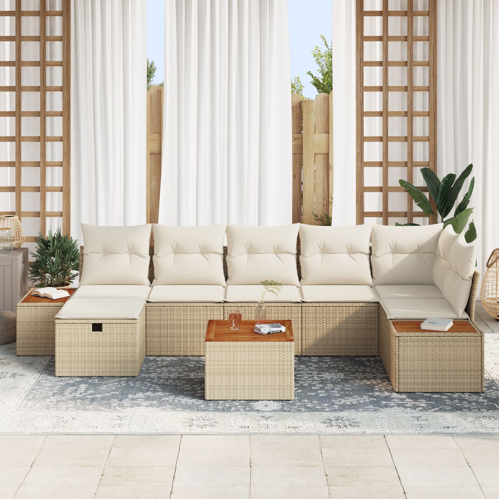 8-Delige Tuinbankset Met Kussens Beige Poly Rattan