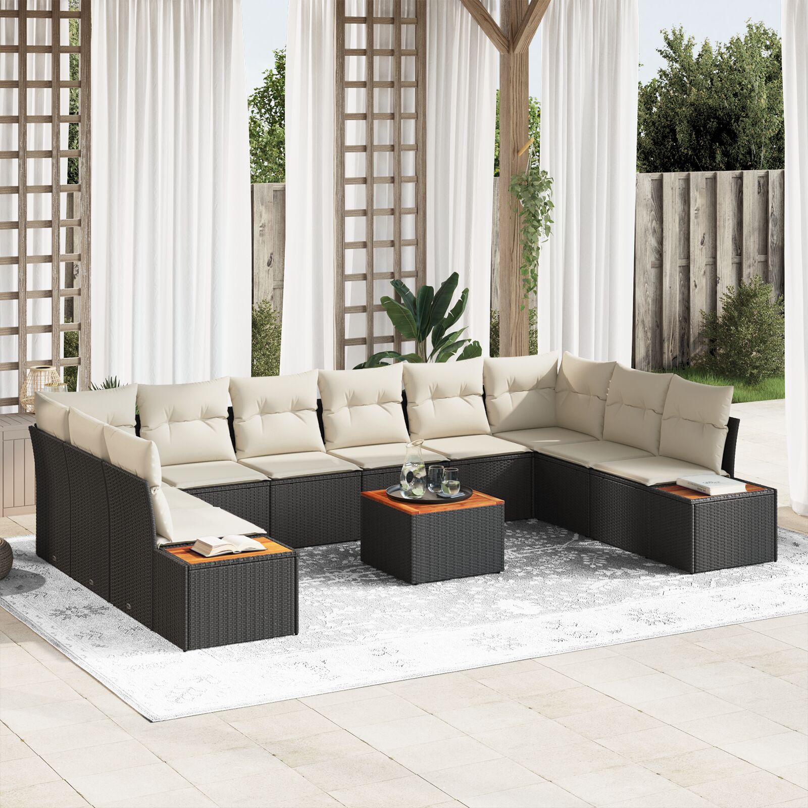 11-Delige Tuinbank Set Met Kussens Zwart Poly Rattan Acacia