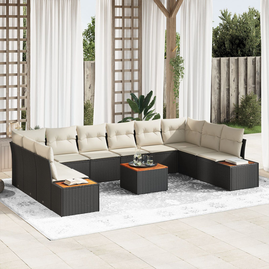 11-Delige Tuinbank Set Met Kussens Zwart Poly Rattan Acacia