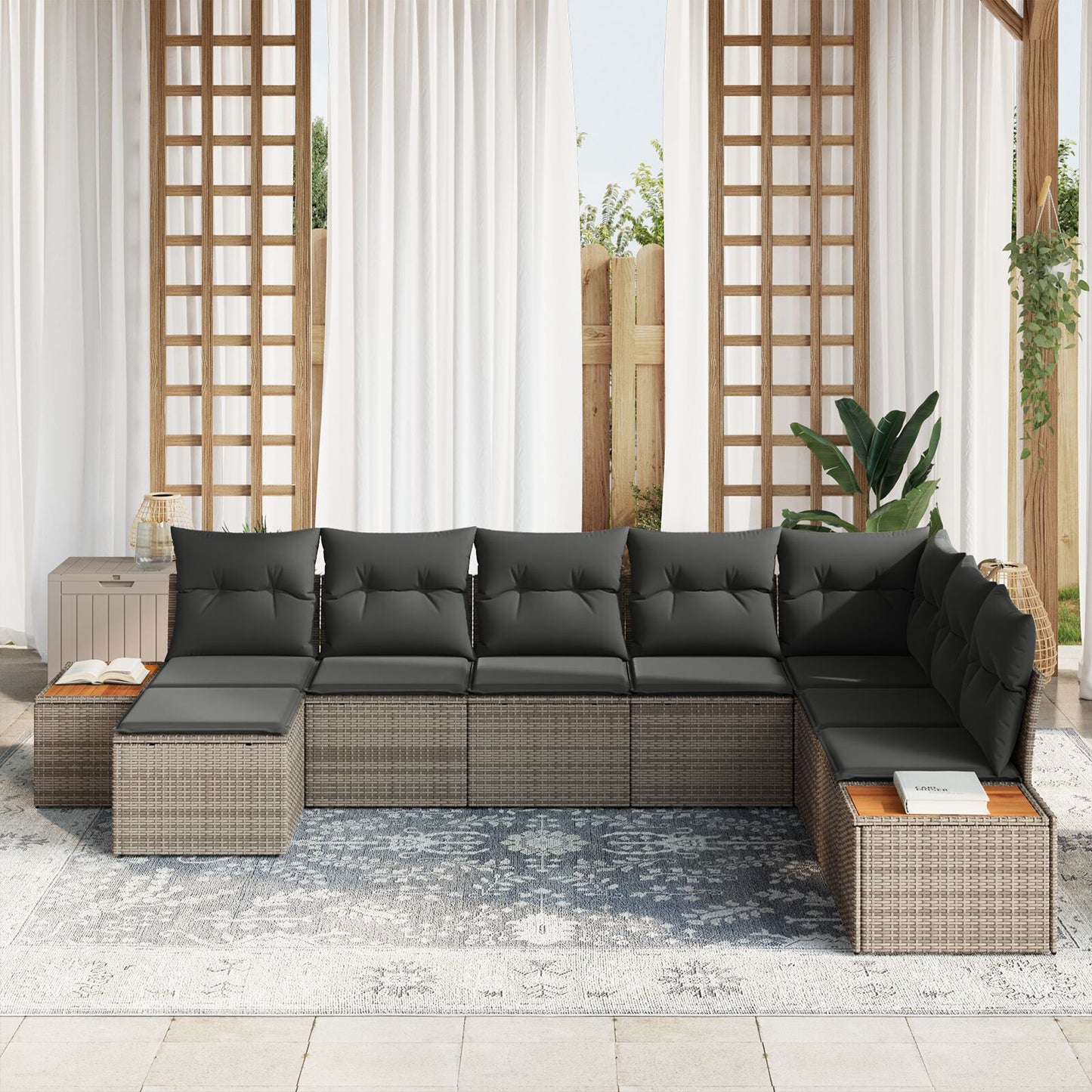 8-Delige Tuinbank Set Met Kussens Grijs Poly Rattan Acacia