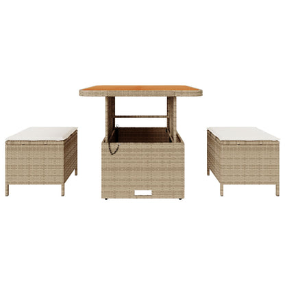 3-Delige Tuin Eetset Met Kussens Poly Rattan Acacia 80 cm Beige en crème 2 krukken