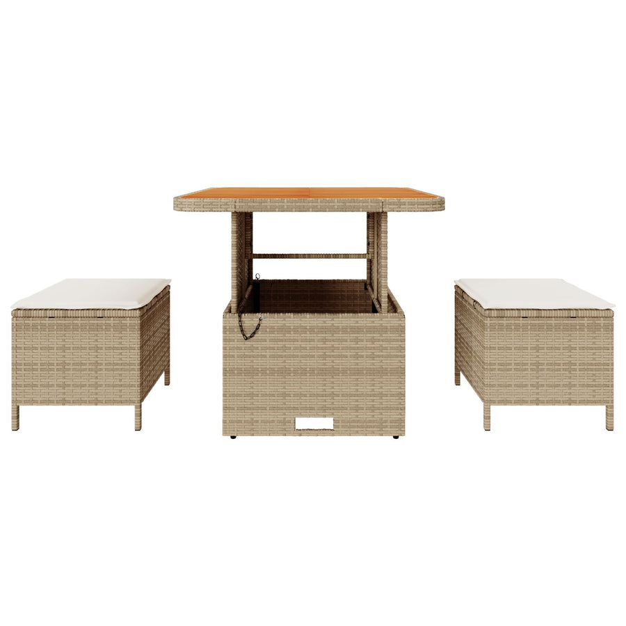 3-Delige Tuin Eetset Met Kussens Poly Rattan Acacia 80 cm Beige en crème 2 krukken