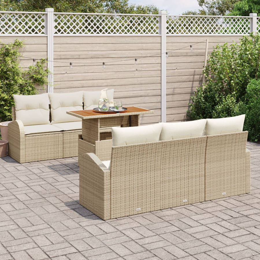 7 Delen Tuin Eetset Met Kussens Beige Poly Rattan Acacia