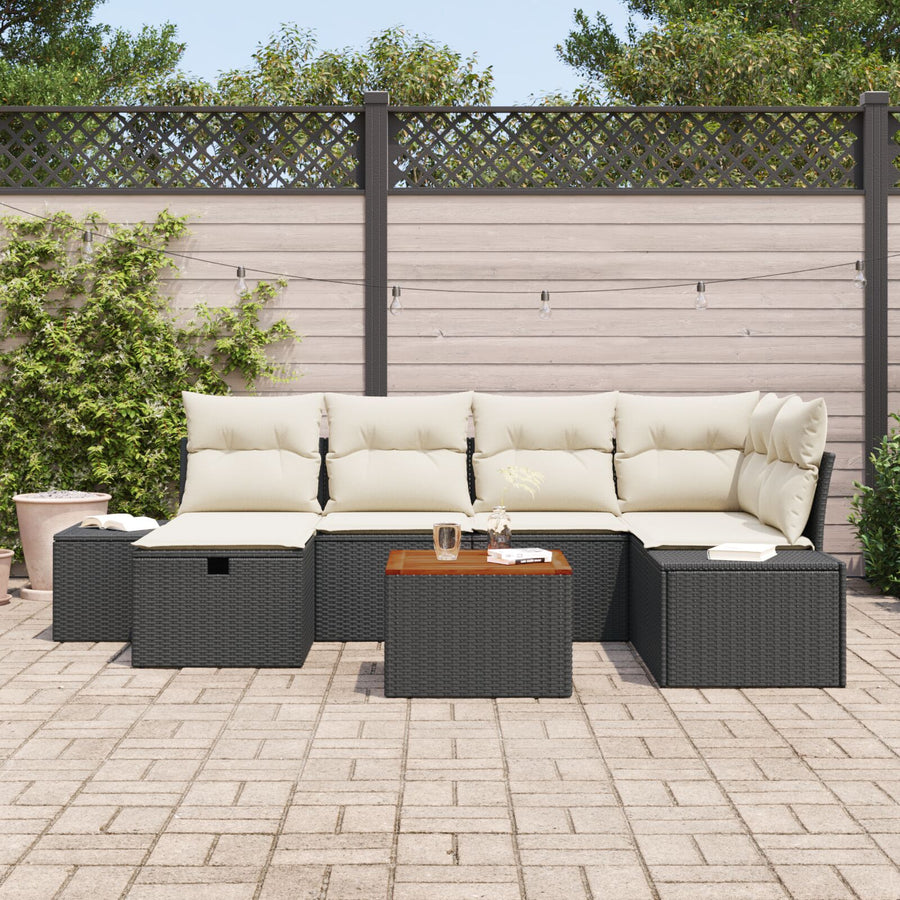 Tuinbankstel Set Van 7 Zwart Rattan Tuinbankstel Rechthoekig Wit