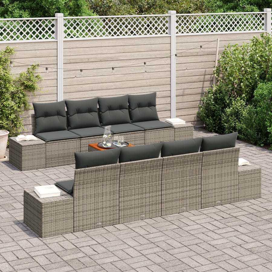 9-Delige Tuinbankset Met Kussens Grijs Poly Rattan Acacia