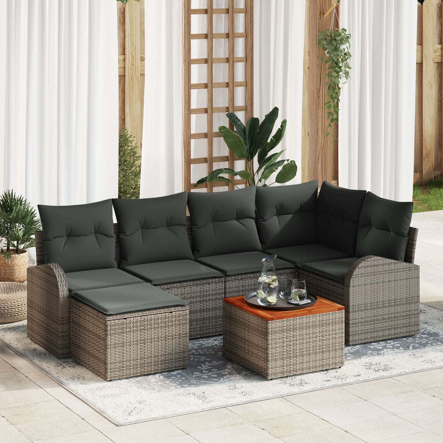 7-Delige Tuin Sofa Set Met Kussens Grijs Poly Rattan Acacia