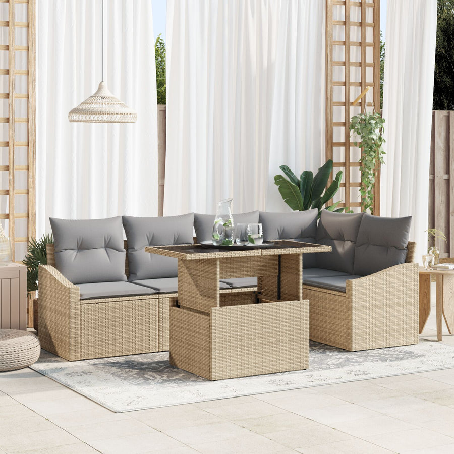 Tuinbankenset Set Van 6 Beige Rattan Tuinbank Rechthoekig