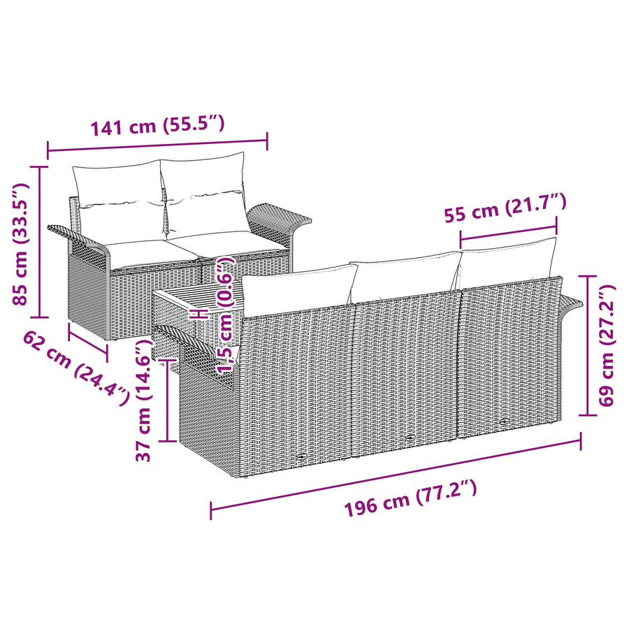 6-Delige Tuin Sofa Set Met Kussens Zwart Poly Rattan Acacia