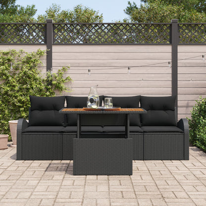 5-Delige Tuin Eetset Met Kussens Zwart Poly Rattan Acacia