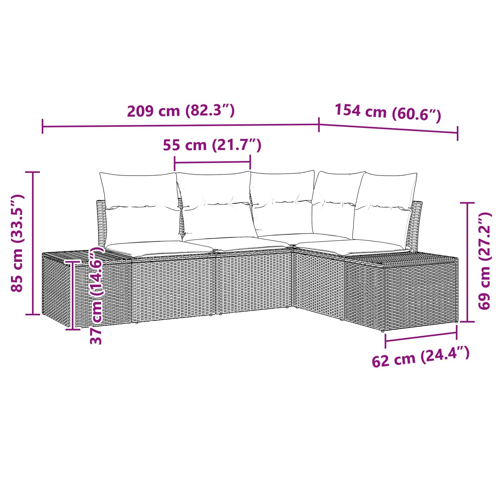 4-Delige Tuin Sofa Set Met Kussens Poly Rattan Zwart en crème zonder tafel