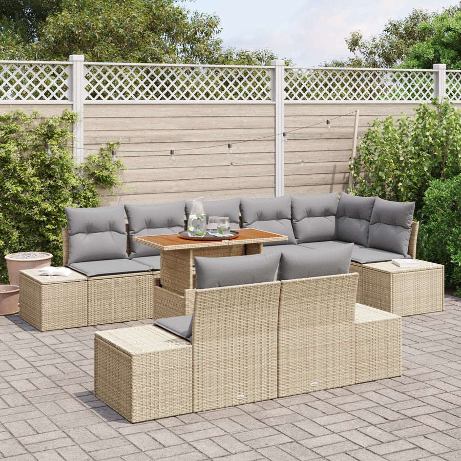 9-Delige Tuin Eettafel Set Met Kussens Beige Poly Rattan Acacia
